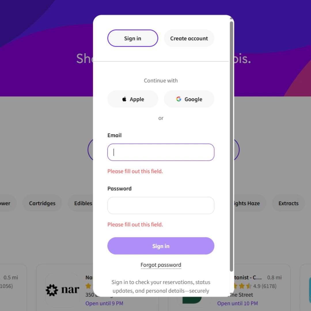 A login and account creation form with options to continue via Apple or Google. Fields for email and password show error messages for missing input.