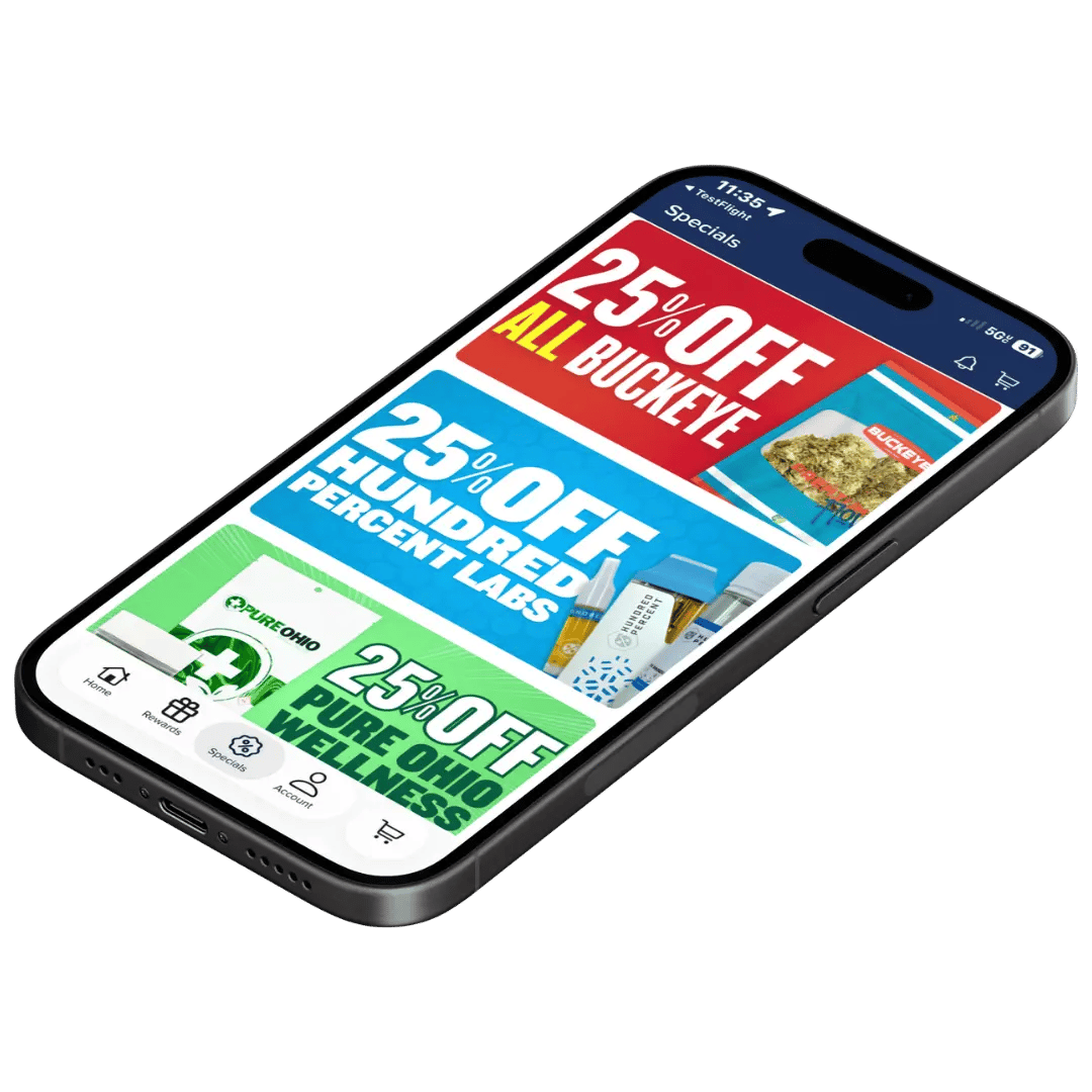 bloom dispensary app deals and discounts tab featuring 25% off buckeye, 25% off hundred percent labs and 25% off pure ohio wellness