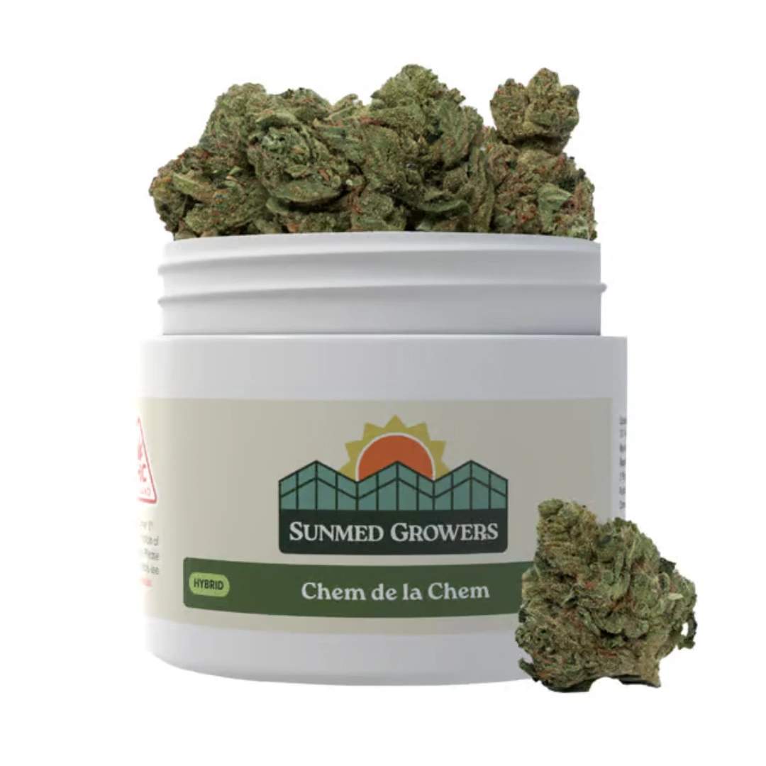 Sunmed Chem de la Chem flower strain nugs coming out of packaging