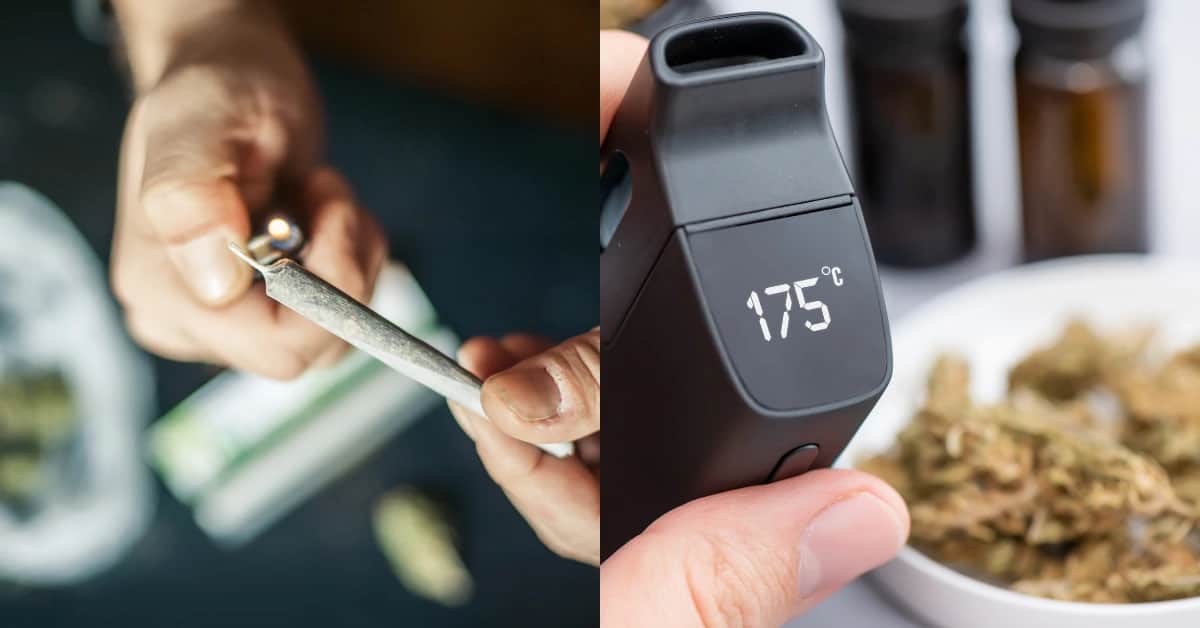 Cannabis joint and dry-herb vaporizer compared side by side.