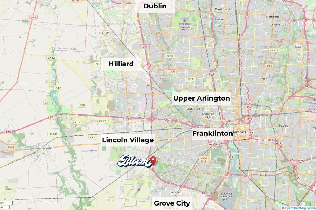 Map showing Bloom West Columbus Dispensary and nearby cities Dublin, Hilliard, Upper Arlington, Lincoln Village, Franklinton and Grove City