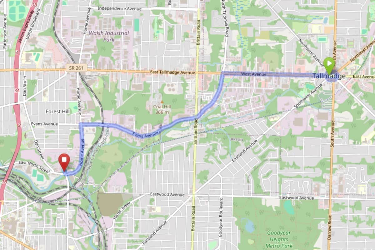 Map showing route from Tallmadge Ohio to Bloom Akron Dispensary