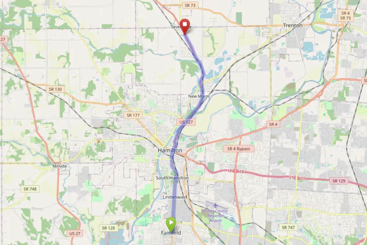 Map showing route from Fairfield Ohio to Bloom Seven Mile Dispensary