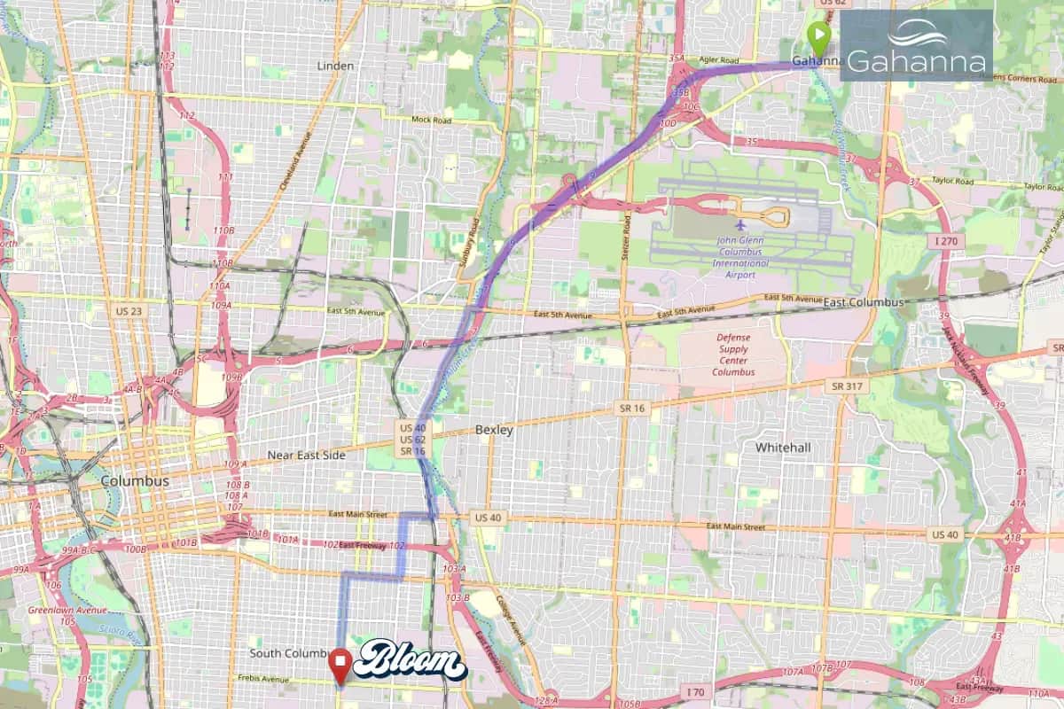 Map showing dispensary near Gahanna Ohio Bloom South Columbus location