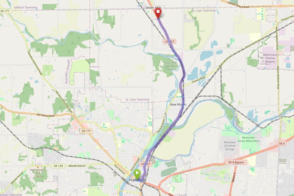 Map showing route from Hamilton Ohio to Bloom Seven Mile Dispensary