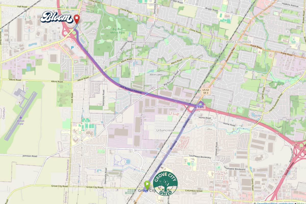Map showing the route from Grove City, Ohio to the Bloom Columbus dispensary on Georgesville Road