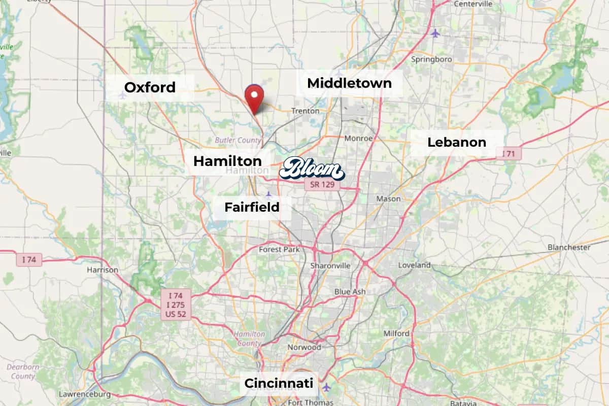Map showing Bloom Seven Mile Dispensary and nearby cities Hamilton, Middletown, Fairfield, Lebanon, Oxford and Cincinnati
