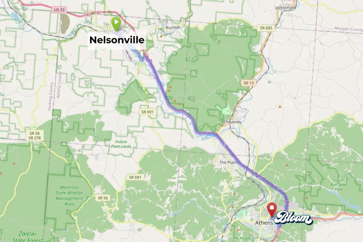 Map showing dispensary near Nelsonville Ohio Bloom Athens service area