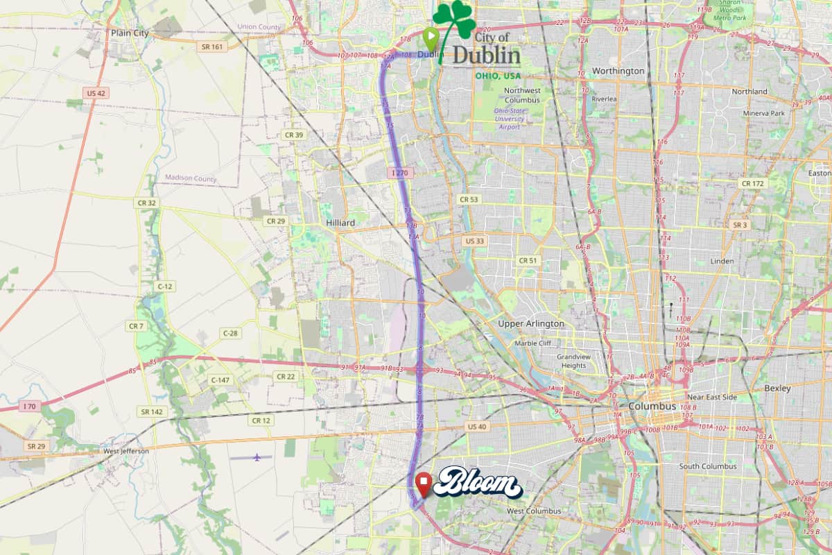 Map highlighting Dublin, Ohio and its proximity to Bloom Columbus dispensary on Georgesville Road