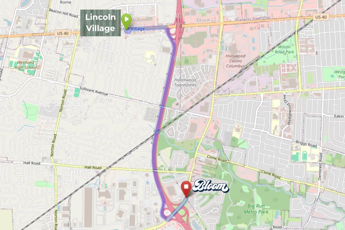 Map showing Lincoln Village, Ohio and the nearby Bloom Columbus dispensary