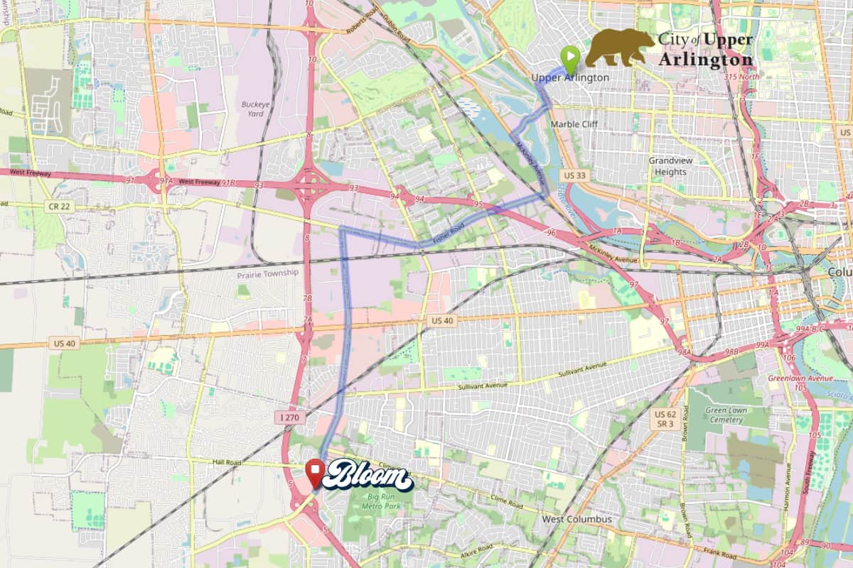 Map illustrating Upper Arlington, Ohio and the nearby Bloom Columbus dispensary location