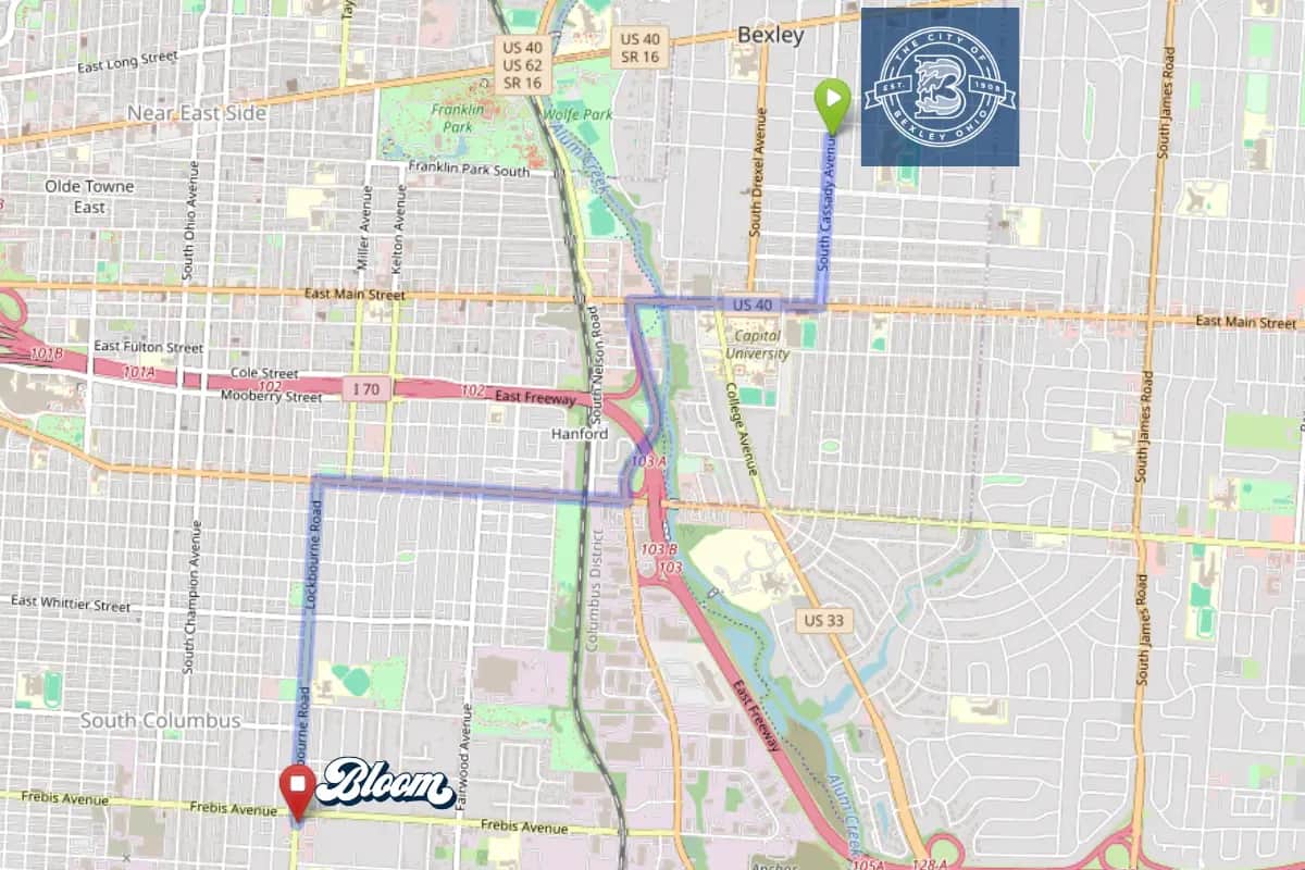 Map showing dispensary near Bexley Ohio Bloom South Columbus location