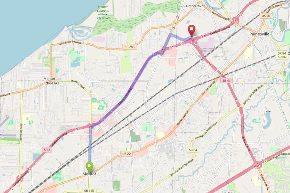 Map showing route from Mentor Ohio to Bloom Painesville Dispensary