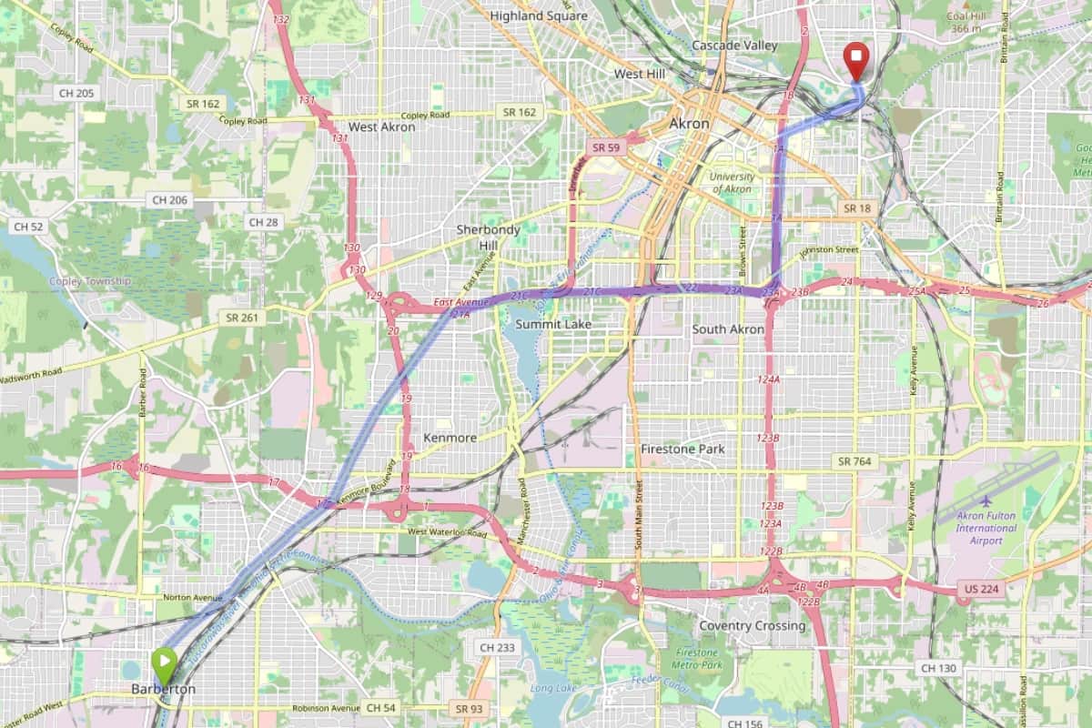 Map showing route from Barberton Ohio to Bloom Akron Dispensary