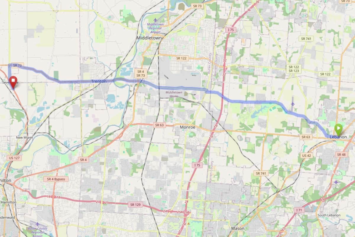 Map showing route from Lebanon Ohio to Bloom Seven Mile Dispensary