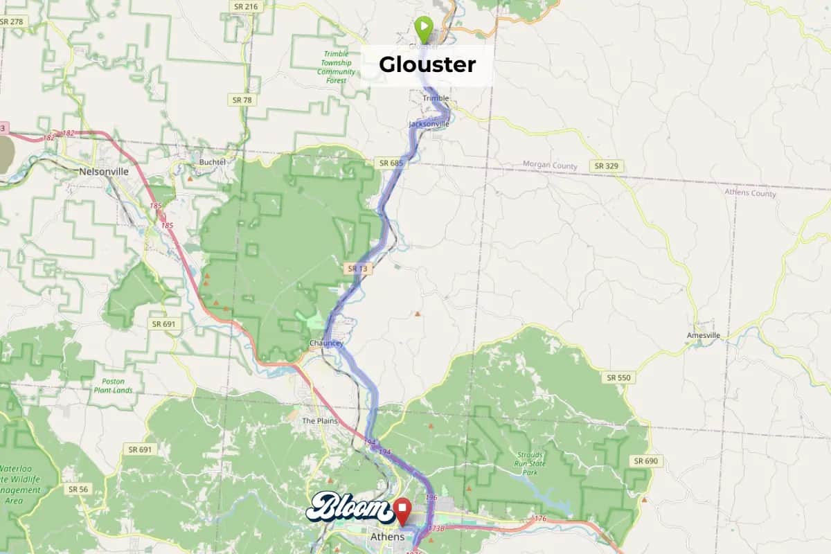 Map showing dispensary near Glouster Ohio Bloom Athens service area