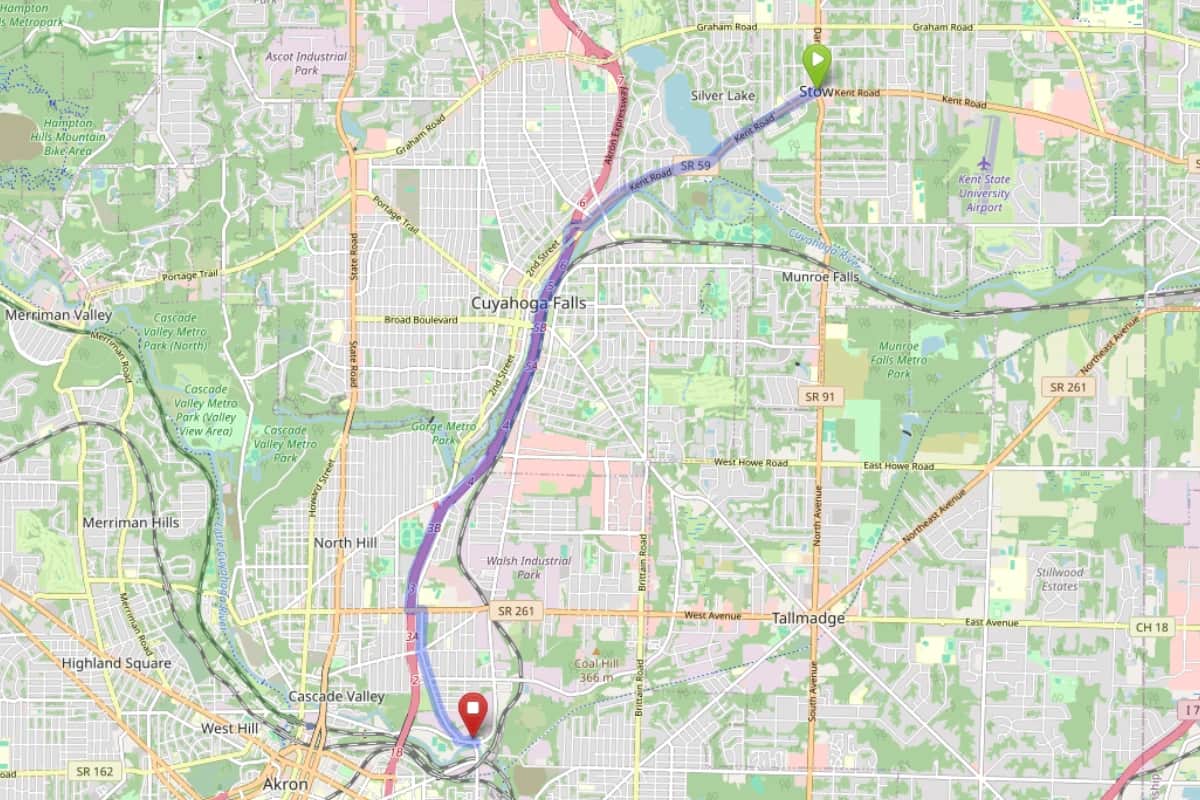 Map showing route from Stow to Bloom Akron Dispensary
