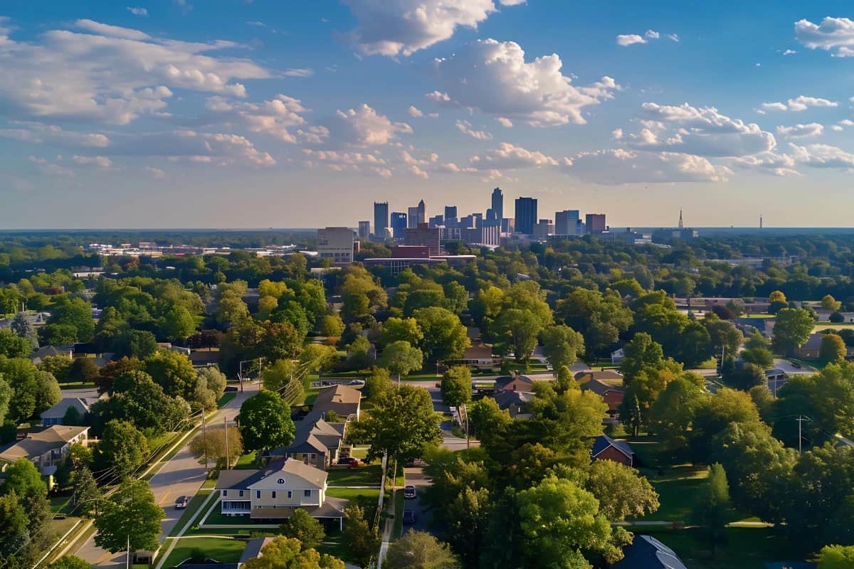Aerial view of upper arlington a suburban neighborhood with tree-lined streets and the city of columbus, Ohio skyline in the distance under a partly cloudy sky.