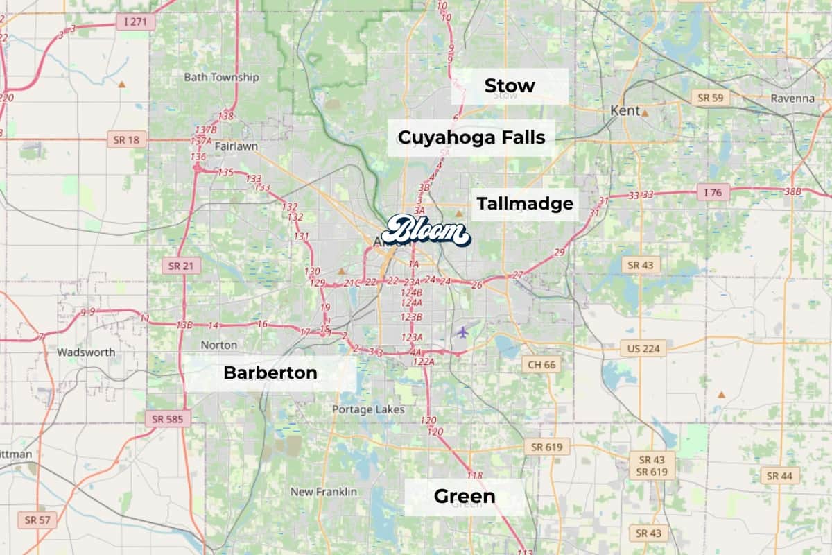 Map showing Bloom Akron Dispensary and nearby cities Cuyahoga Falls, Tallmadge, Barberton, Stow and Green