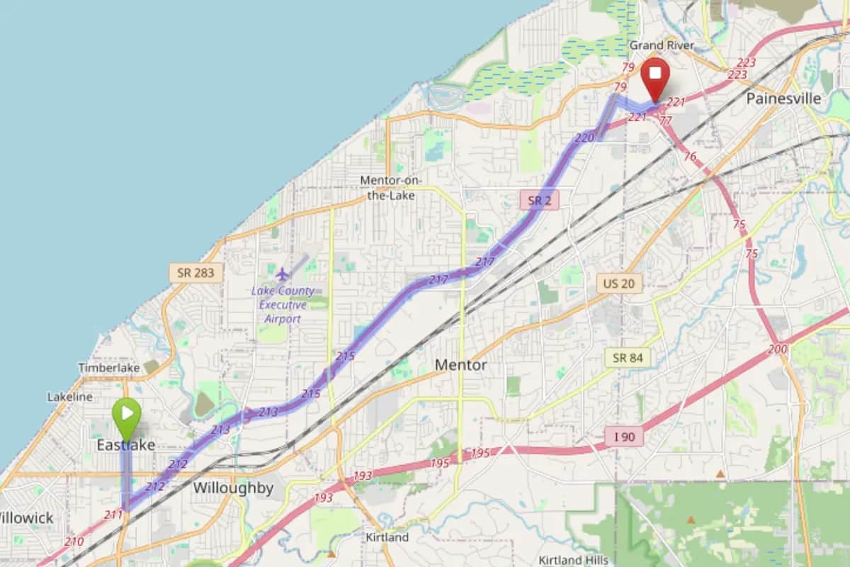 Map showing route from Eastlake Ohio to Bloom Painesville Dispensary