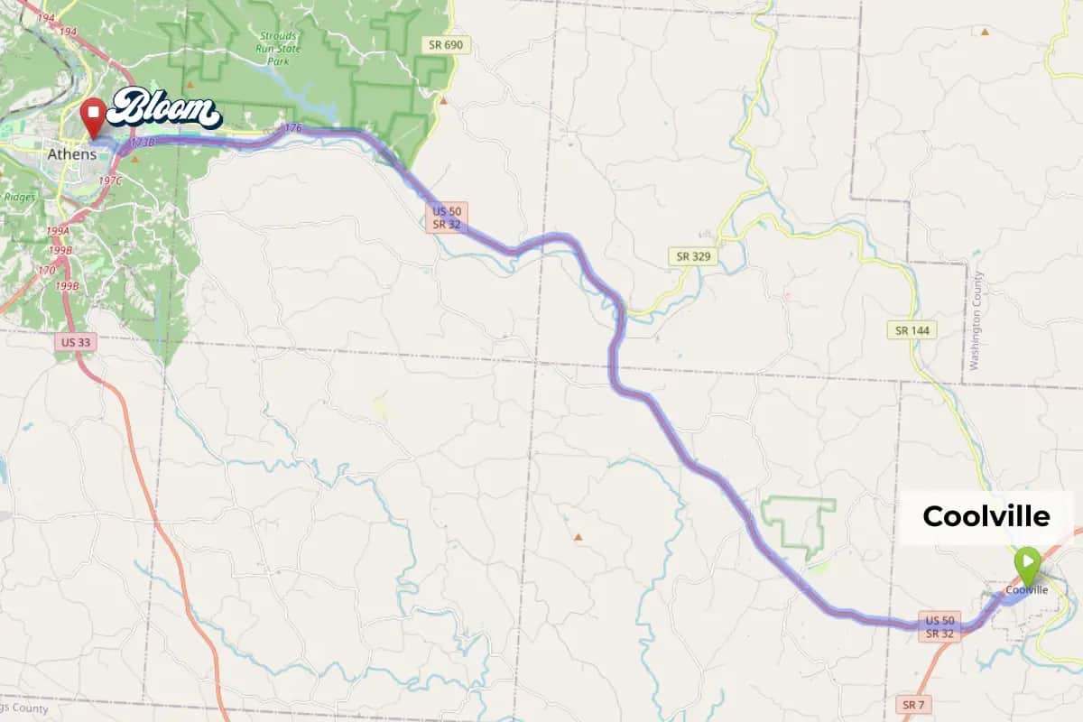 Map showing dispensary near Coolville Ohio Bloom Athens service area