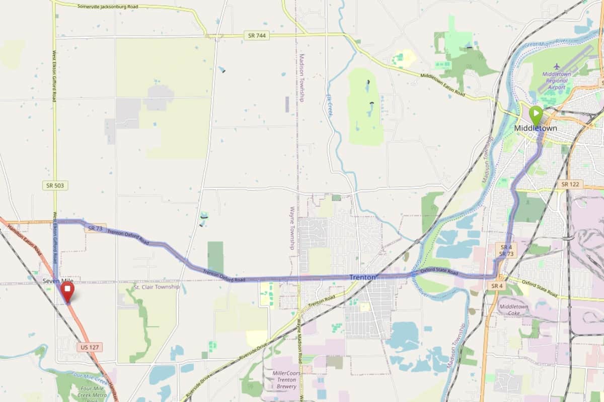 Map showing route from Middletown Ohio to Bloom Seven Mile Dispensary