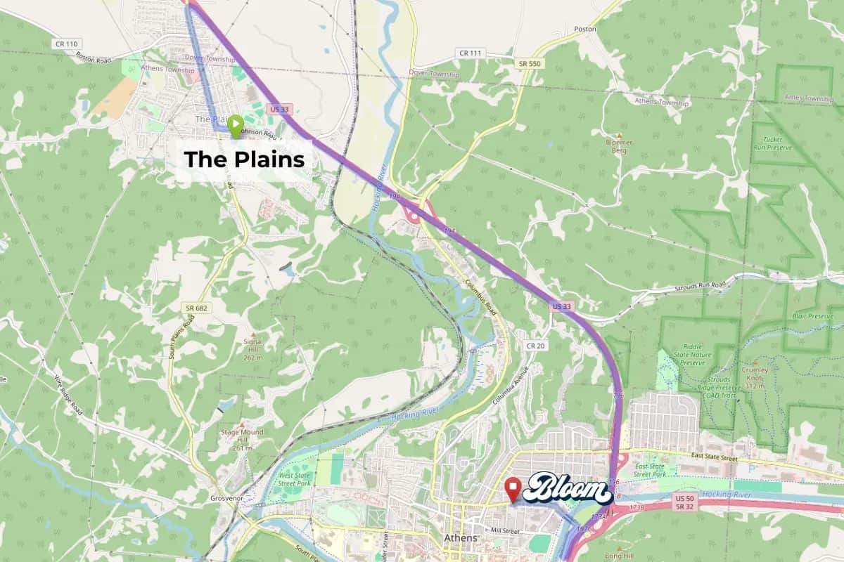 Map showing dispensary near The Plains Ohio Bloom Athens area