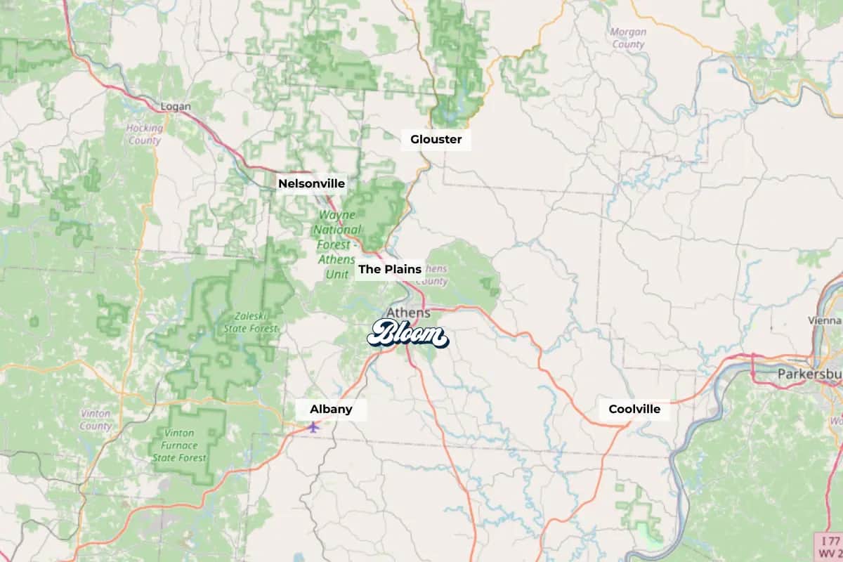 Map showing dispensaries near Athens Ohio including Nelsonville The Plains Albany Coolville and Glouster