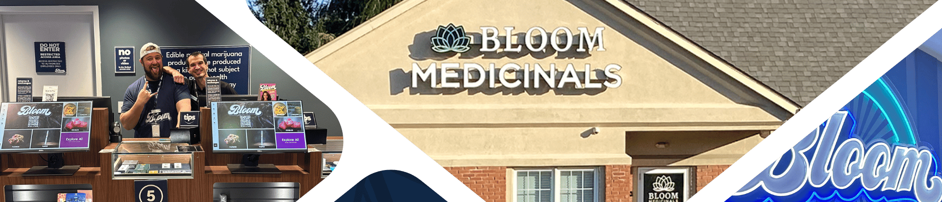 painesville dispensary counter with 2 people, Bloom Dispensary building with sign, and a neon "Bloom" sign on a wall.
