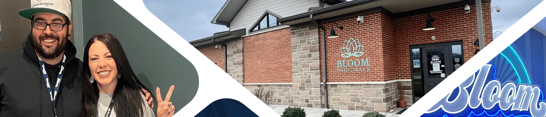 A smiling man and woman pose indoors; adjacent is a brick building with "Bloom" signage, and a neon "Bloom" sign close-up.