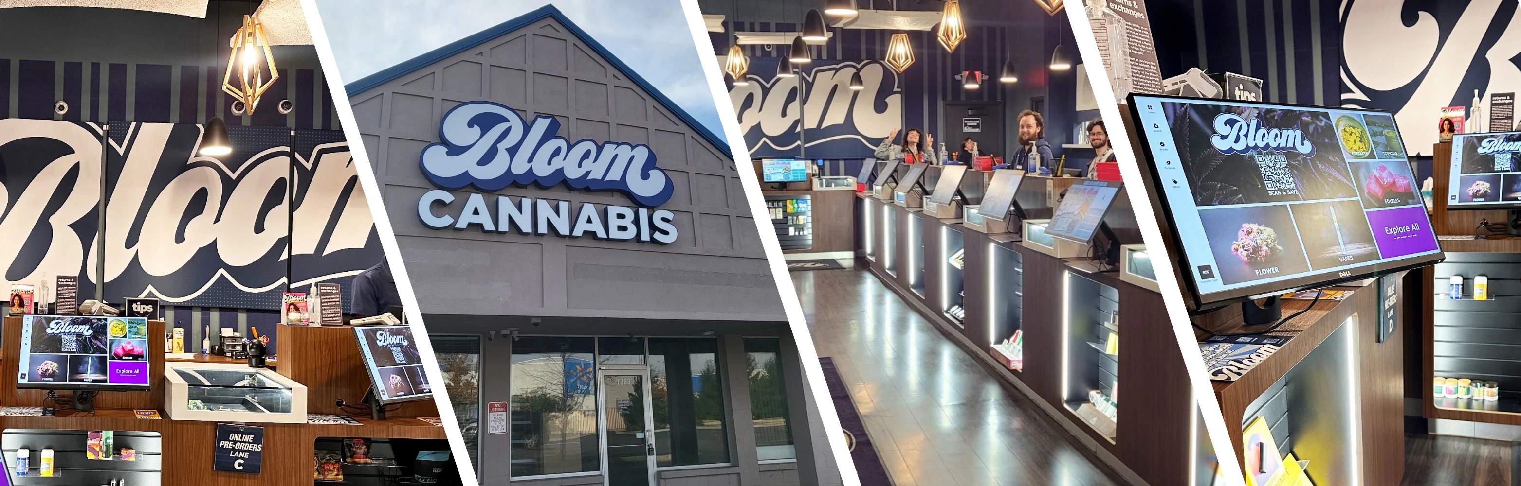 Collage of a cannabis store with the "Bloom" sign, interior counters, digital displays, and product shelves.