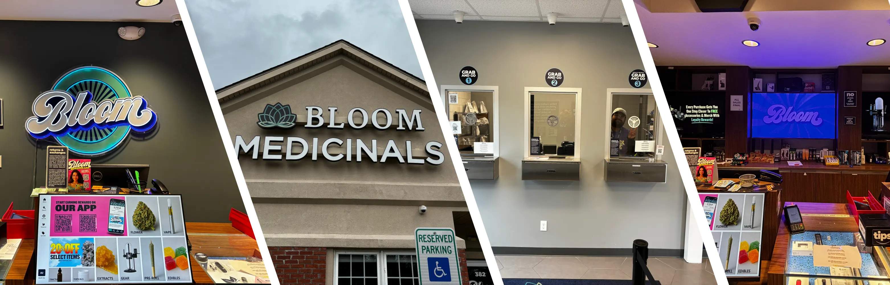 Collage of Bloom Medicinals dispensary: exterior sign, neon "Bloom" logo, three grab-and-go windows, and retail counters with product displays.