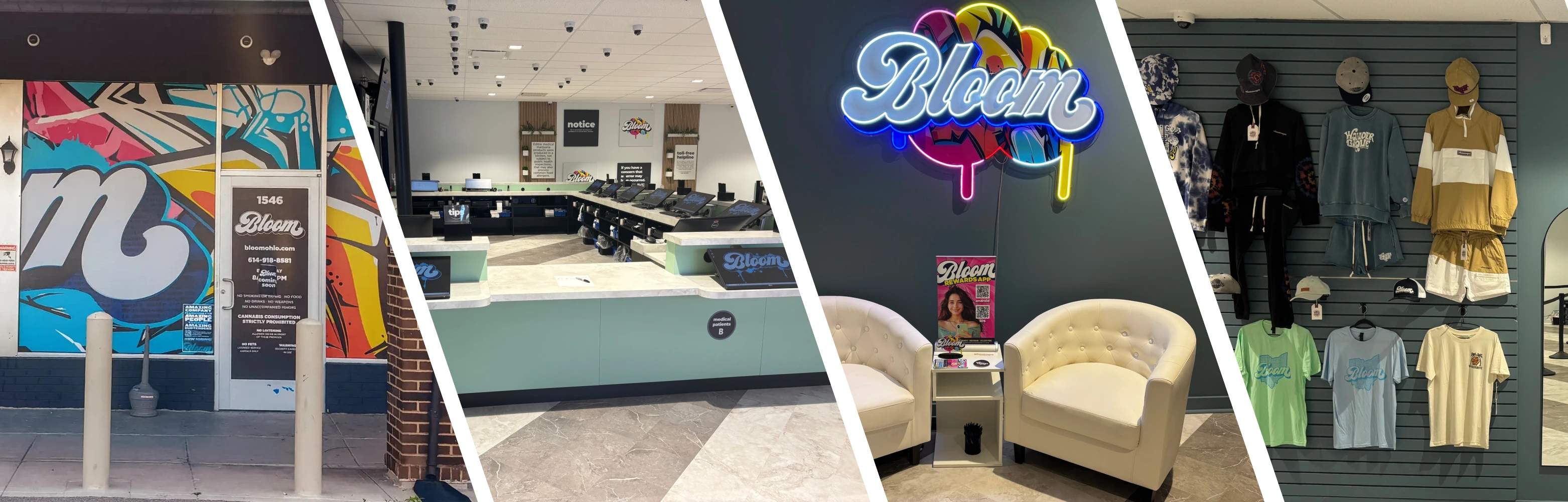 Four-panel view of Bloom dispensary: colorful exterior mural with door, customer service counters, neon 'Bloom' sign and seating, merchandise wall.