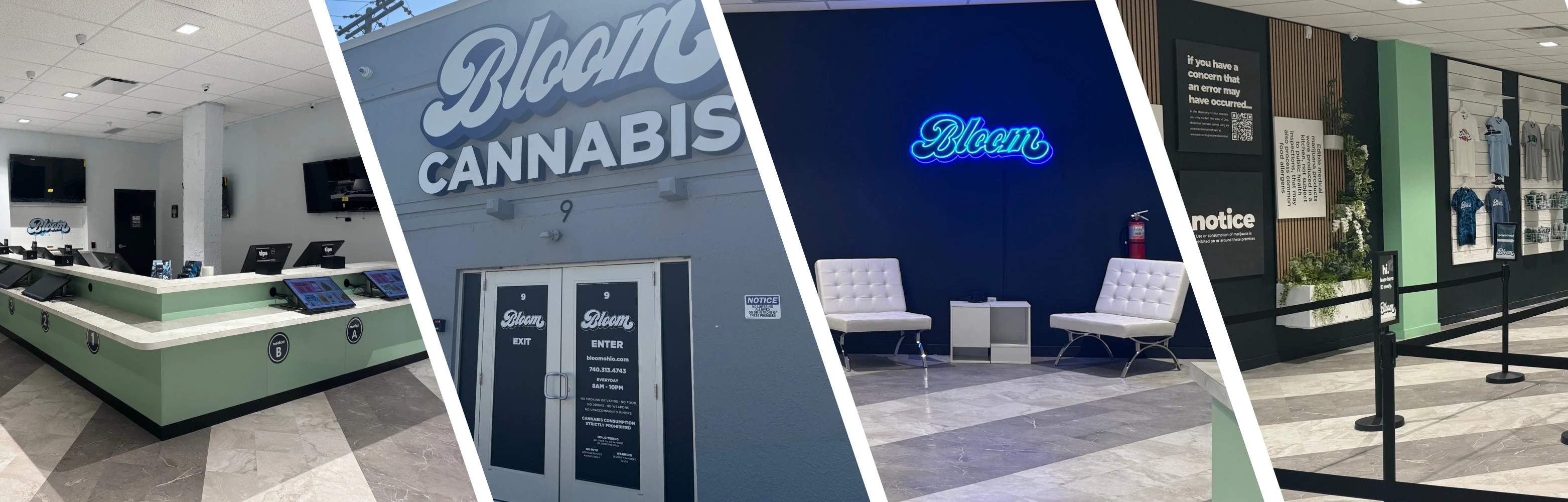Collage of a cannabis store interior and exterior, featuring counters, seating area, Bloom Cannabis signage, and product displays.