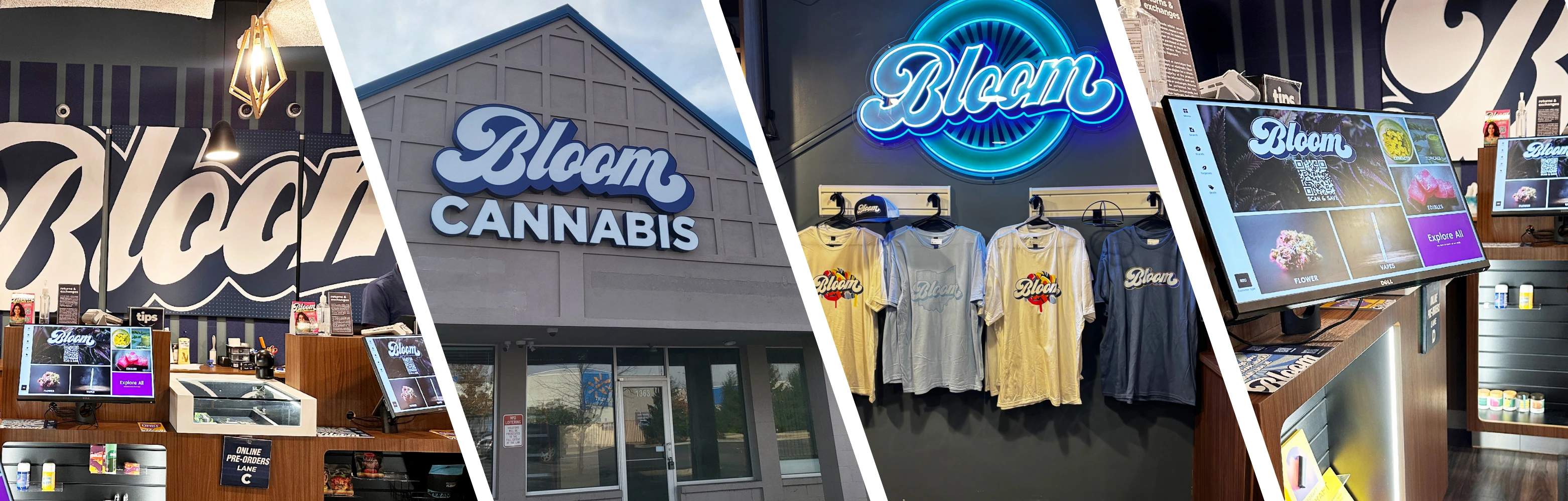 Collage of Bloom Cannabis storefront and interior: exterior sign, neon "Bloom" logo, branded T-shirts, digital menu screens and retail counter.