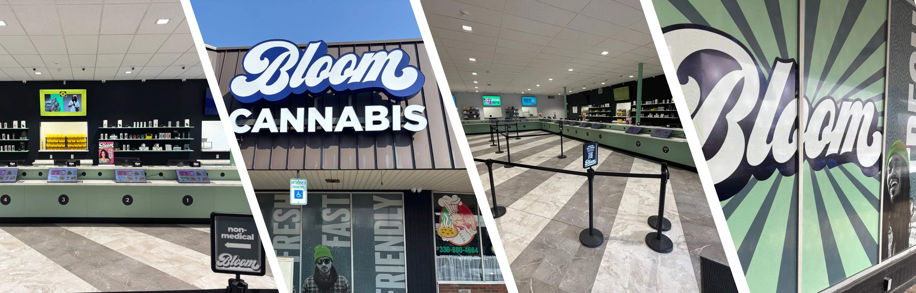 Collage of a cannabis store with interior displays, counters, and a large exterior sign reading "Bloom Cannabis."