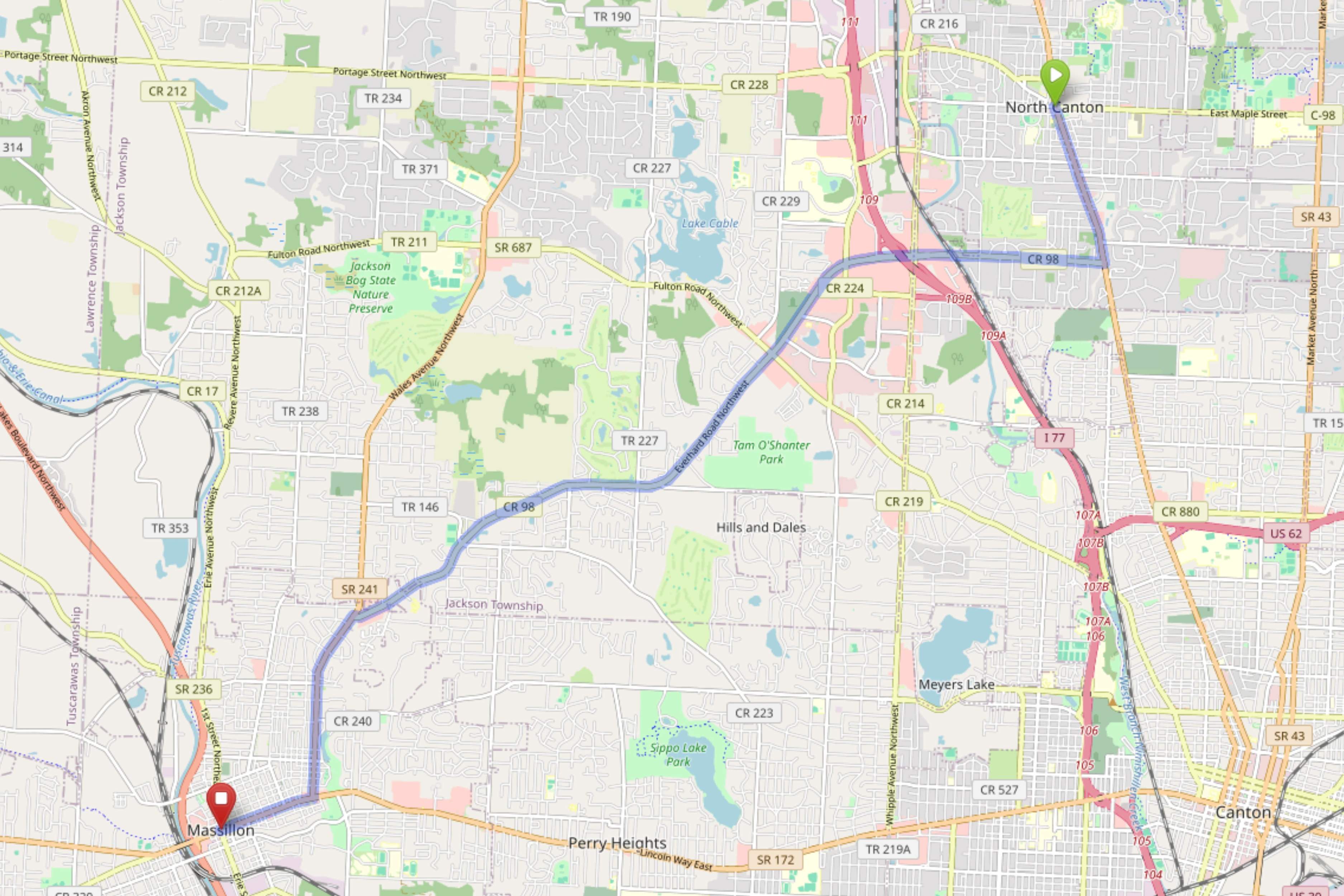 Map showing route from North Canton Ohio to Bloom Massillon Dispensary