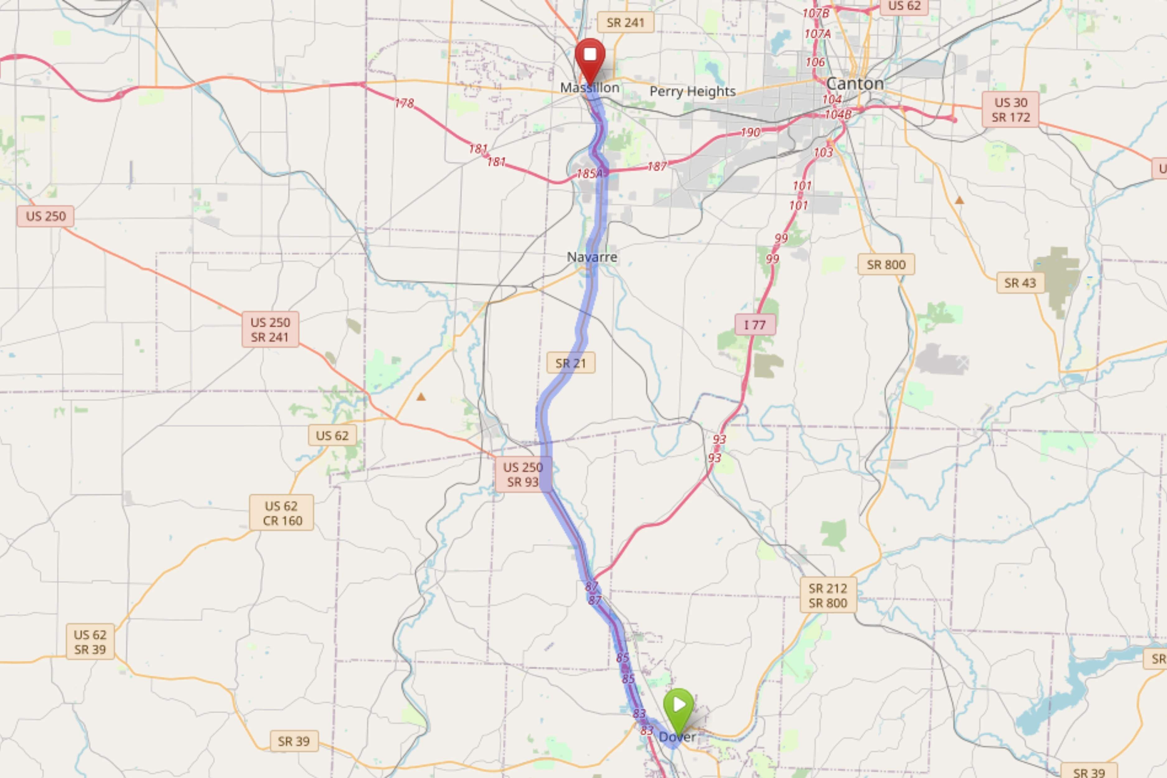 Map showing route from Dover Ohio to Bloom Massillon Dispensary