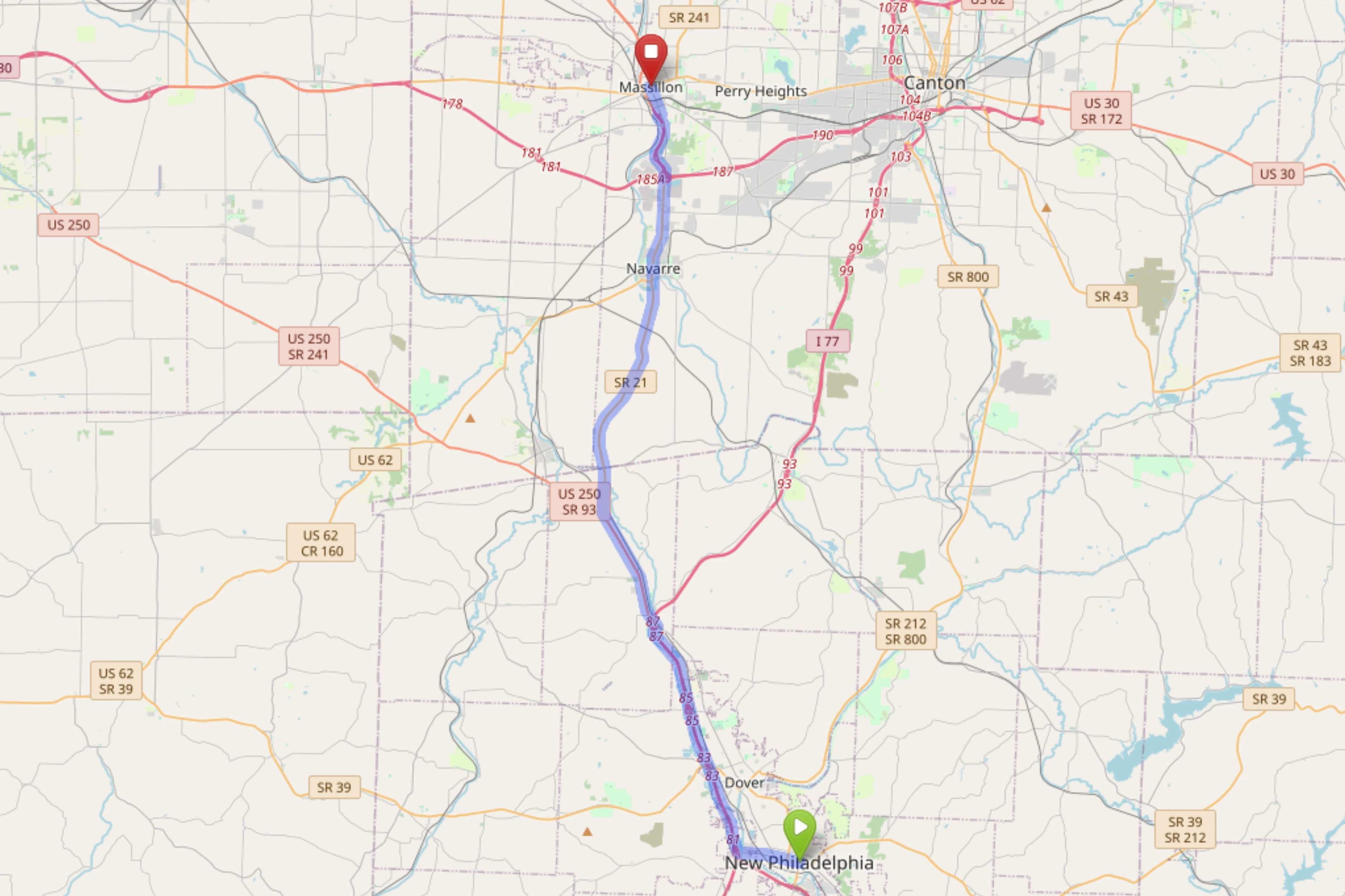 Map showing route from New Philadelphia Ohio to Bloom Massillon Dispensary