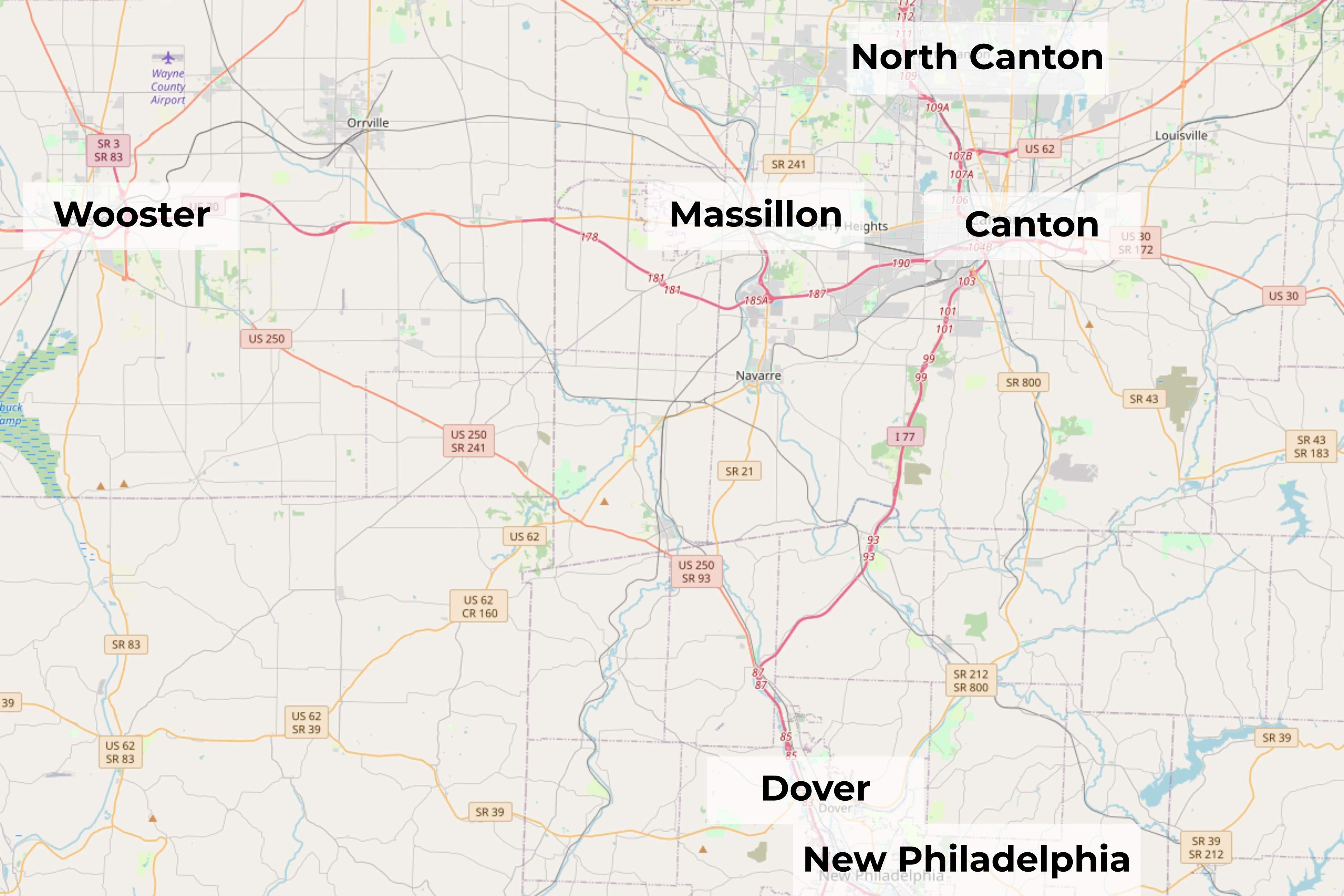 Map showing dispensaries near Massillon including Canton, North Canton, Wooster, Dover, New Philadelphia