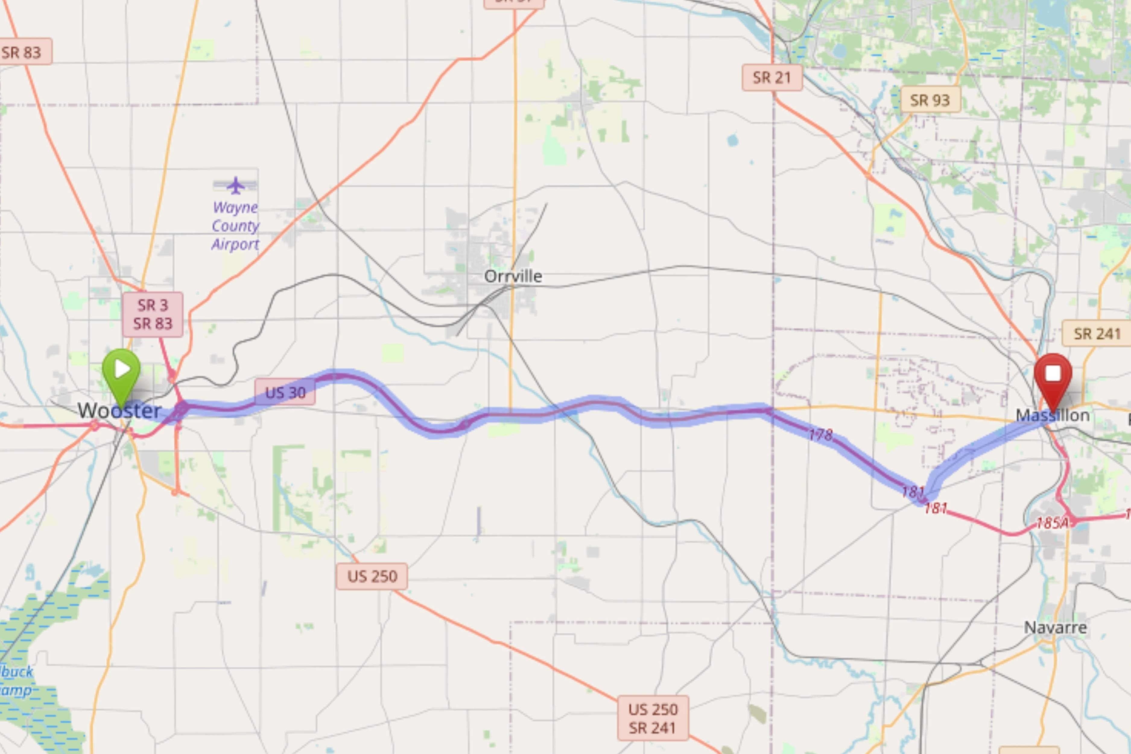 Map showing route from Wooster to Bloom Massillon Dispensary