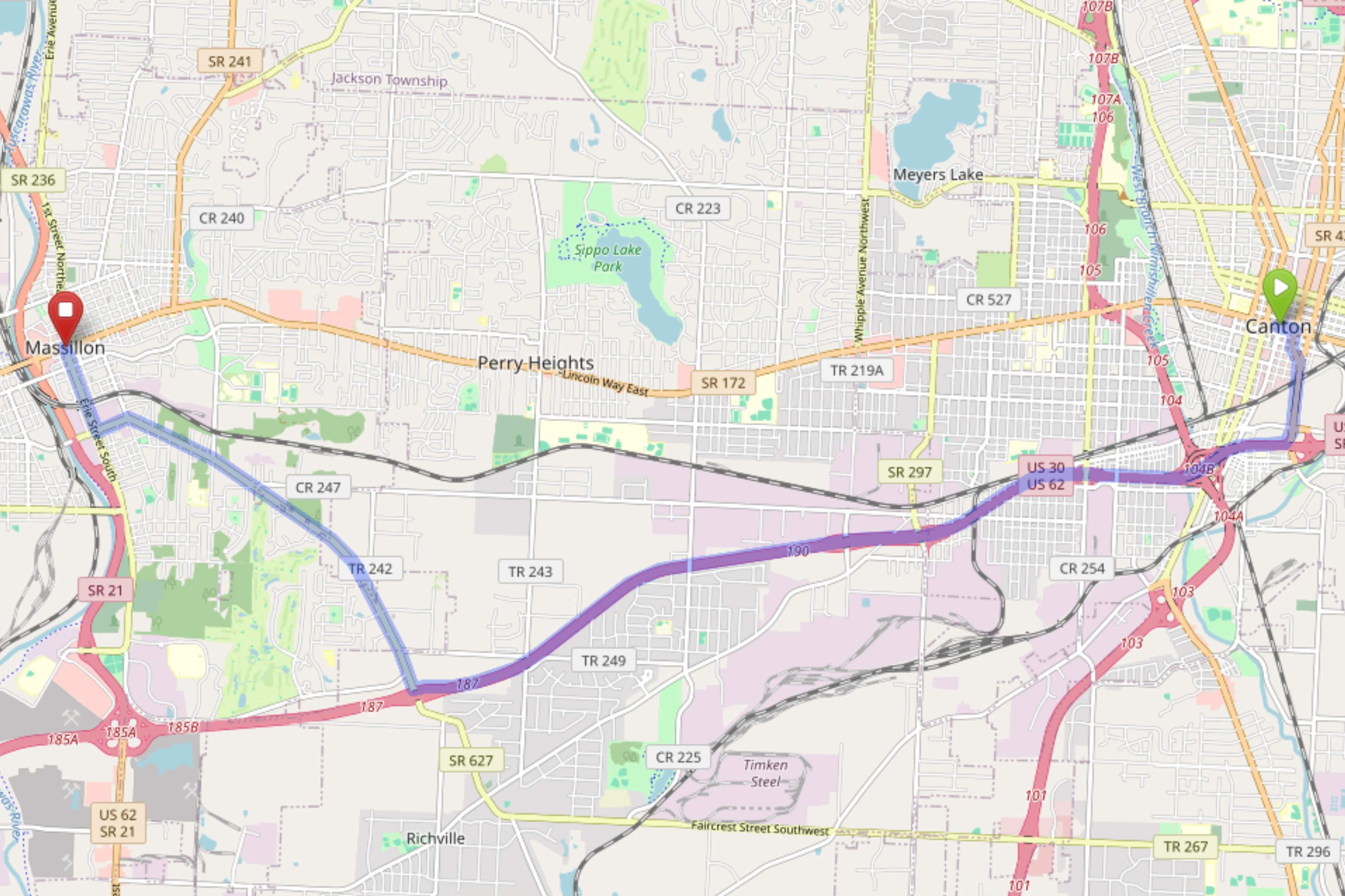 Map showing distance from Canton Ohio to Bloom Massillon Dispensary