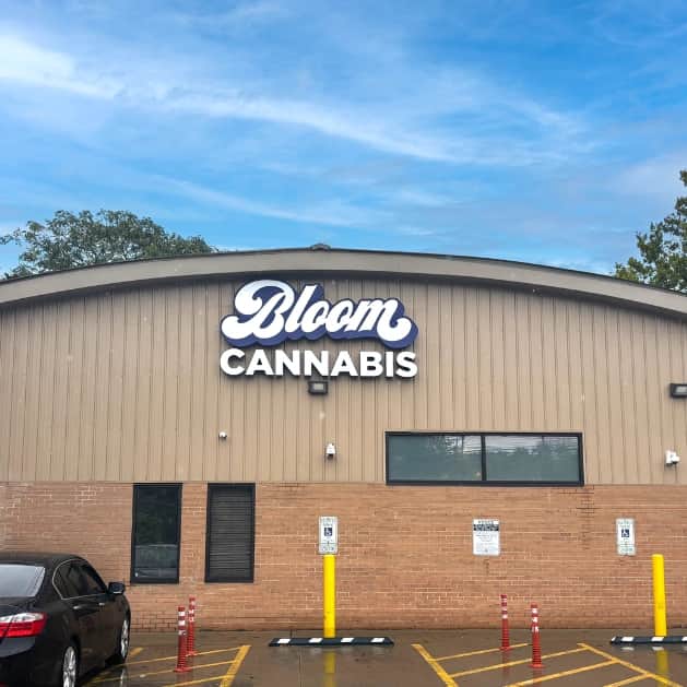 Bloom Cannabis storefront on a tan brick and metal building, parking spaces with yellow posts and a car under blue sky.