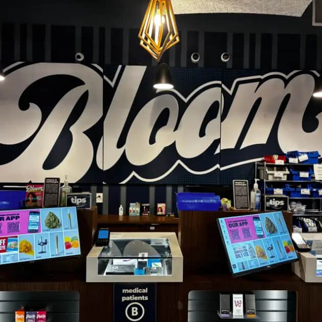 Retail interior with large "Bloom" mural, pendant light, glass display counters and digital menu screens.