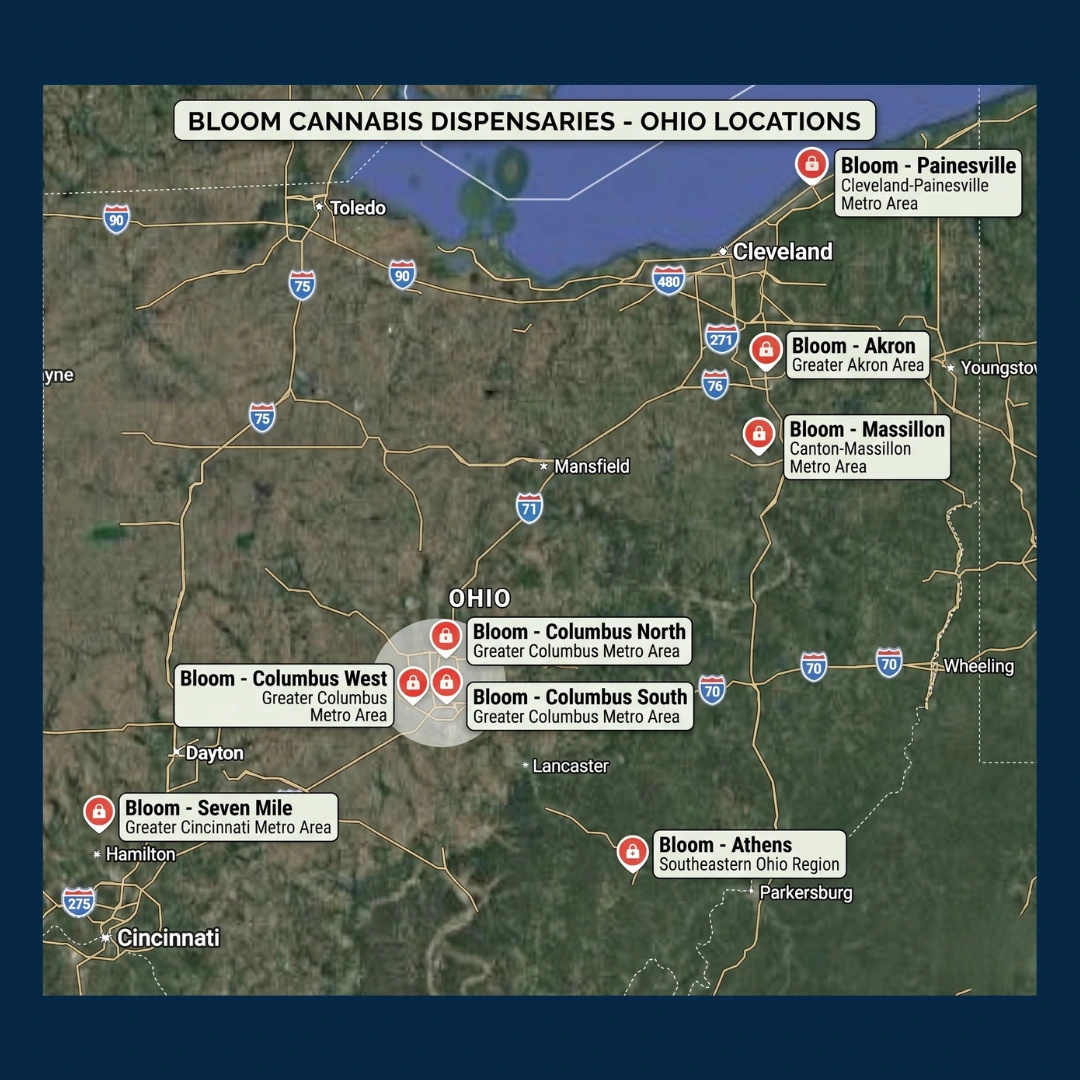 Map of Ohio showing all eight Bloom Cannabis dispensary locations and the metro areas each serves, including Akron, Athens, Columbus, Massillon, Painesville, and Seven Mile.