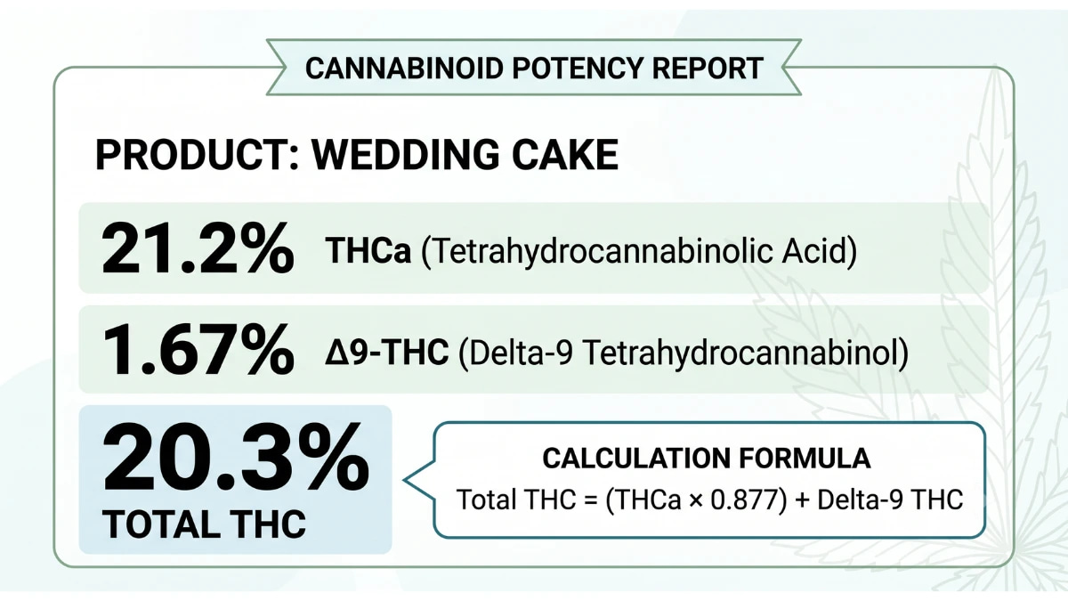 Cannabis potency label showing THCa at 21.2 percent, delta-9 THC at 1.67 percent, and total THC at 20.3 percent, with the total THC conversion formula.