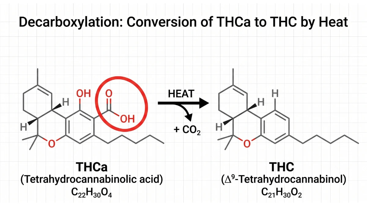 Molecular diagram comparing THCa and THC, showing the carboxyl group that heat removes to convert THCa into THC.