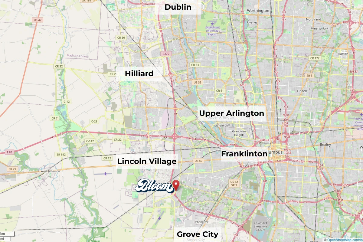 Map showing Bloom West Columbus Dispensary and nearby cities Dublin, Hilliard, Upper Arlington, Lincoln Village, Franklinton and Grove City
