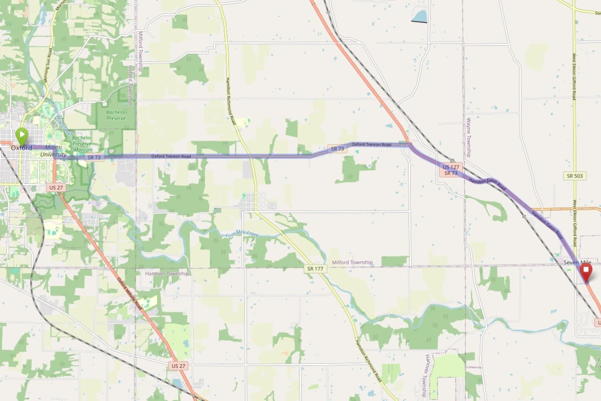 Map showing route from Oxford Ohio to Bloom Seven Mile Dispensary