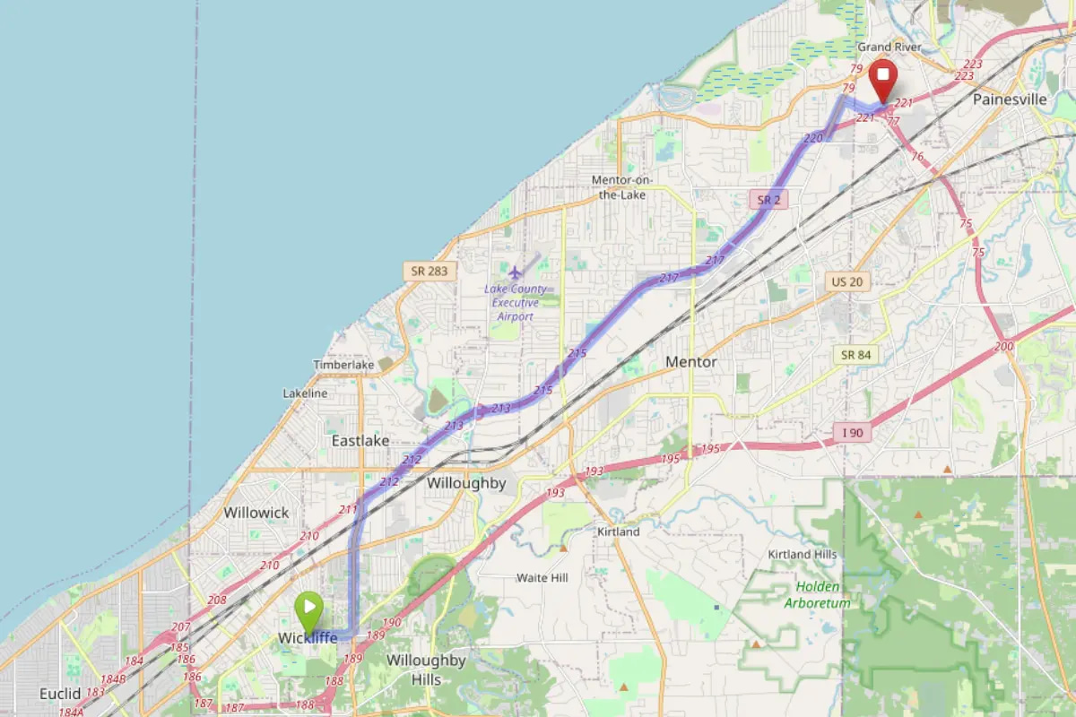 Map showing route from Wickliffe Ohio to Bloom Painesville Dispensary